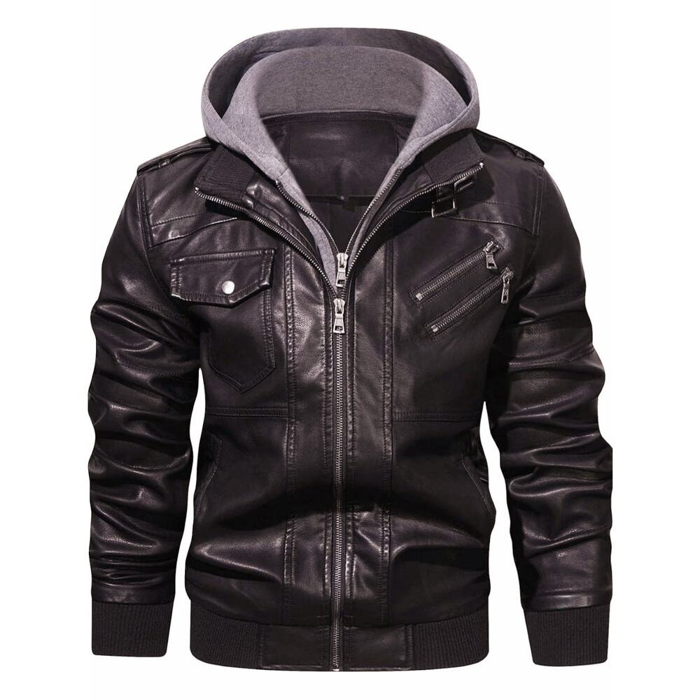Men's Faux Leather Zip-Up Motorcycle Bomber‎ Jacket XL with a Removable Hood